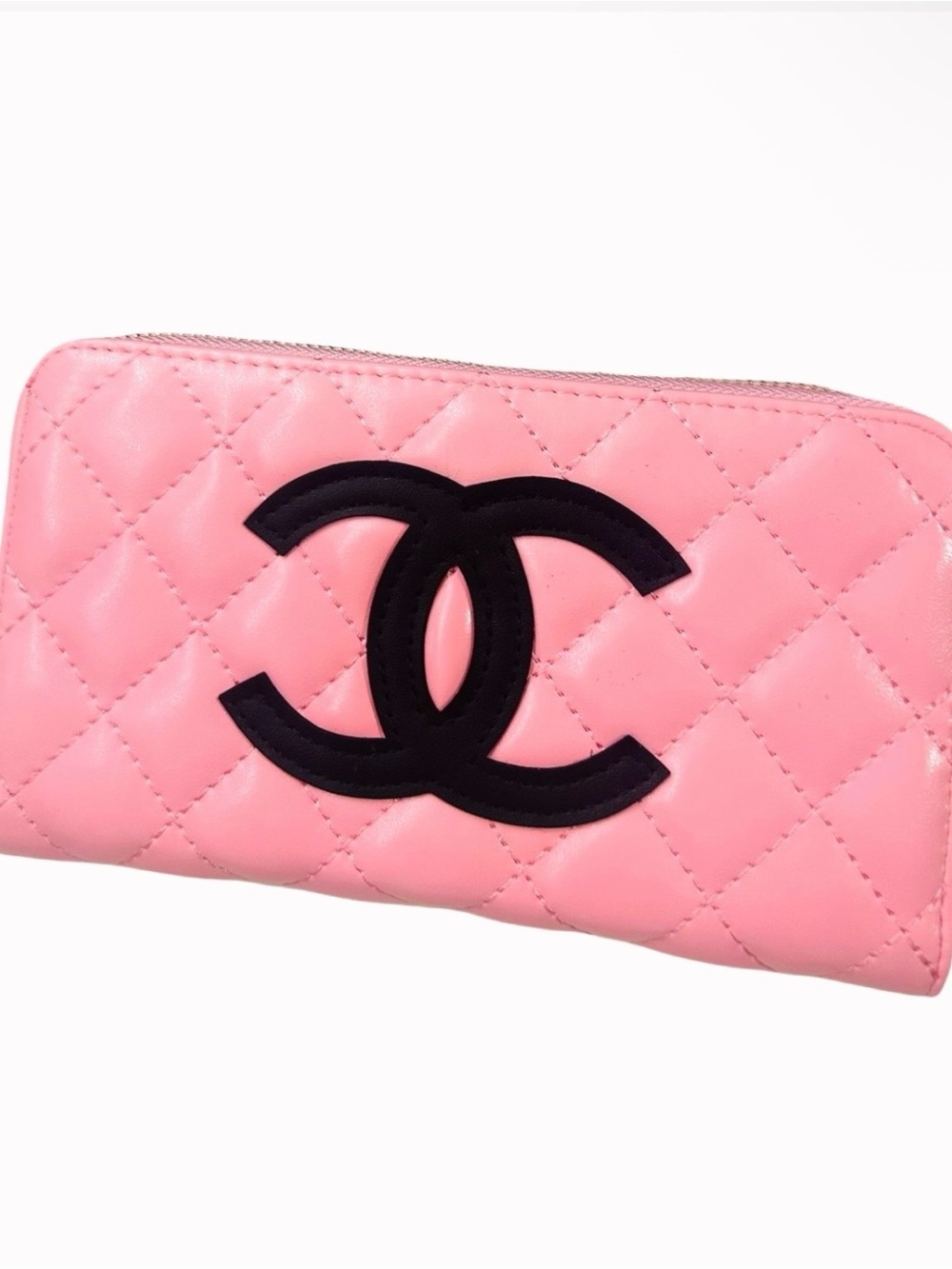 CHANEL Pink Quilted Zip-Around Wallet with Black CC Emblem
